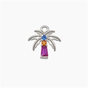 Copper Coconut Tree Charms Pendant Micropave Zirconia Palm Platinum Plated, approx 8-9mm