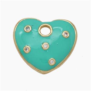 Copper Heart Pendant Pave Zirconia Green Enamel Gold Plated, approx 20mm