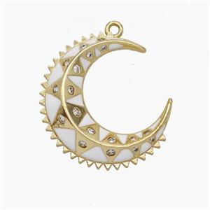 Copper Moon Pendant Pave Zirconia White Enamel Gold Plated, approx 28-30mm