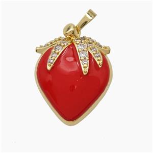 Copper Starwberry Charms Pendant Pave Zirconia Red Enamel Gold Plated, approx 20-23mm