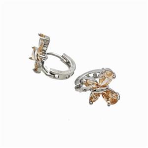 Copper Butterfly Hoop Earrings Pave Champagne Zirconia Platinum Plated, approx 10-12mm