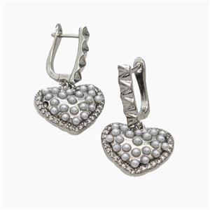 Copper Heart Latchback Earrings Pave Pearlized Resin Platinum Plated, approx 18.5mm, 11-16mm