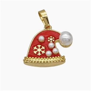 Christmas Hat Charms Copper Pendant Pave Pearlized Resin Red Enamel Gold Plated, approx 16-20mm