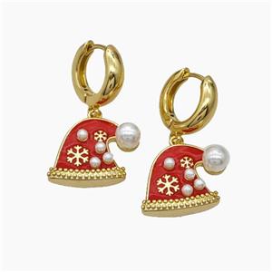 Christmas Hat Charms Copper Hoop Earrings Pave Pearlized Resin Red Enamel Gold Plated, approx 16-20mm, 15mm dia