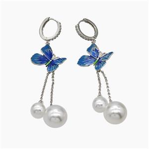 Copper Hoop Earrings Pave Pearlized Resin Blue Painted Butterfly Platinum Plated, approx 8mm, 11.5mm, 15-18mm, 14mm dia