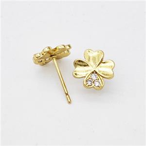 Copper Clover Stud Earrings Micropave Zirconia Gold Plated, approx 9mm