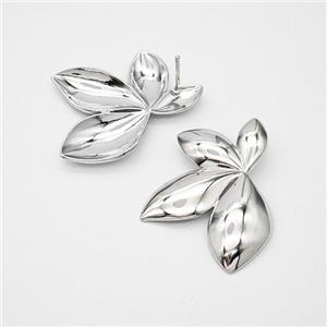 Copper Leaf Stud Earrings Platinum Plated, approx 27-35mm