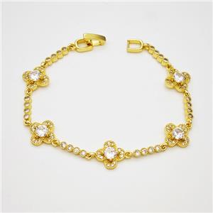 Copper Clover Bracelet Pave Zirconia Gold Plated, approx 11.5mm, 16cm length