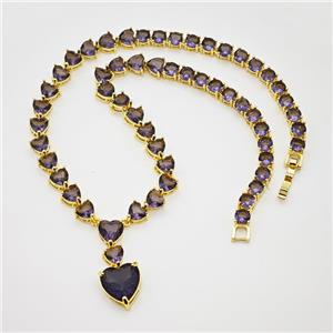 Copper Necklace Pave Purple Crystal Glass Heart Gold Plated, approx 13mm, 7mm, 35cm length