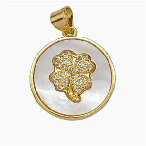 Copper Clover Pendant Pave Zirconia Shell Circle 18K Gold Plated, approx 18mm