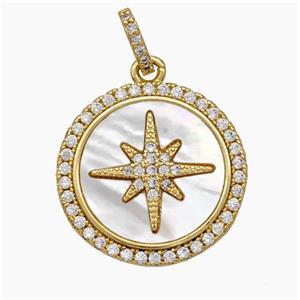 Copper Northstar Pendant Micropave Zirconia Shell Circle 18K Gold Plated, approx 22mm