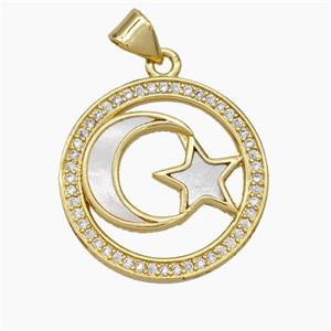 Copper Moon Star Pendant Micropave Zirconia Shell 18K Gold Plated, approx 21mm