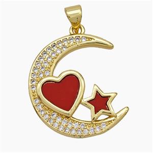 Copper Moon Star Pendant Micropave Zirconia Shell Heart 18K Gold Plated, approx 22-23mm