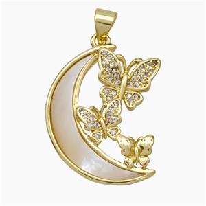 Copper Moon Butterfly Pendant Micropave Zirconia Shell 18K Gold Plated, approx 20-24mm