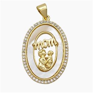 Copper MOM Pendant Micropave Zirconia Shell Love Baby Oval 18K Gold Plated, approx 18-25mm