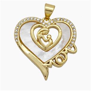 Copper hEART Pendant Micropave Zirconia Shell MOM Baby 18K Gold Plated, approx 22mm