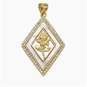 Copper pendant pave zircon and white shell bead, Gold Plated, approx 20-29mm