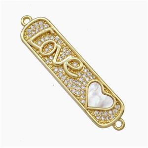 Copper Love Heart Connector Micropave Zirconia Shell Stick 18K Gold Plated, approx 10-38mm