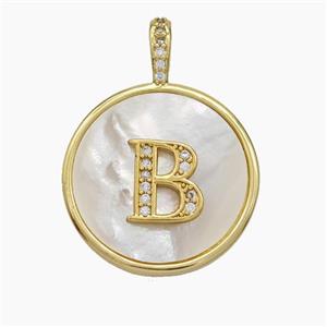 Copper Letter-B Pendant Pave Shell Zirconia Circle Gold Plated, approx 24mm