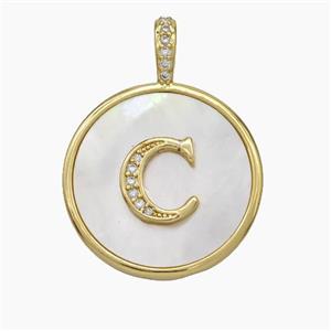 Copper Letter-C Pendant Pave Shell Zirconia Circle Gold Plated, approx 24mm