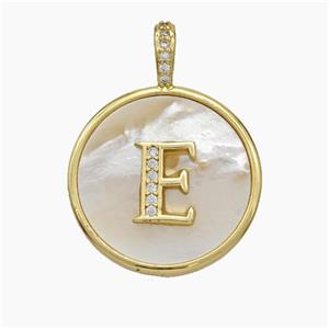 Copper Letter-E Pendant Pave Shell Zirconia Circle Gold Plated, approx 24mm