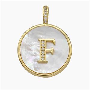 Copper Letter-F Pendant Pave Shell Zirconia Circle Gold Plated, approx 24mm