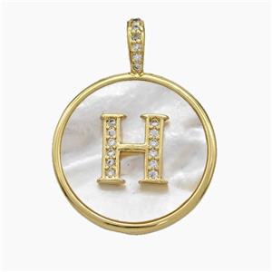 Copper Letter-H Pendant Pave Shell Zirconia Circle Gold Plated, approx 24mm