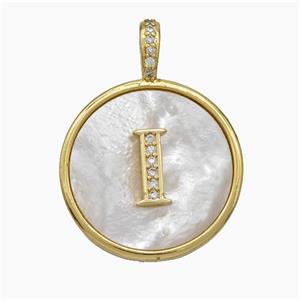 Copper Letter-I Pendant Pave Shell Zirconia Circle Gold Plated, approx 24mm