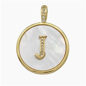 Copper Letter-J Pendant Pave Shell Zirconia Circle Gold Plated, approx 24mm