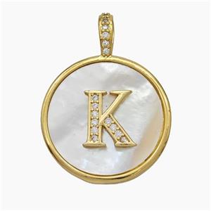 Copper Letter-K Pendant Pave Shell Zirconia Circle Gold Plated, approx 24mm