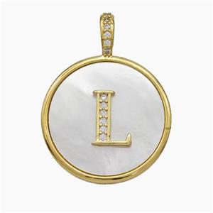 Copper Letter-L Pendant Pave Shell Zirconia Circle Gold Plated, approx 24mm