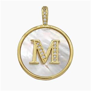 Copper Letter-M Pendant Pave Shell Zirconia Circle Gold Plated, approx 24mm