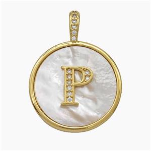 Copper Letter-P Pendant Pave Shell Zirconia Circle Gold Plated, approx 24mm