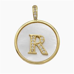 Copper Letter-R Pendant Pave Shell Zirconia Circle Gold Plated, approx 24mm