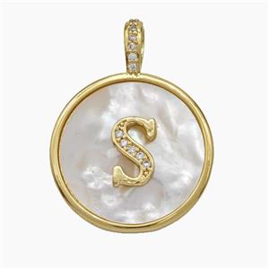 Copper Letter-S Pendant Pave Shell Zirconia Circle Gold Plated, approx 24mm