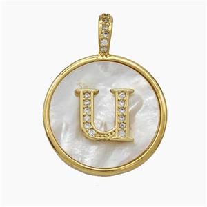 Copper Letter-U Pendant Pave Shell Zirconia Circle Gold Plated, approx 24mm