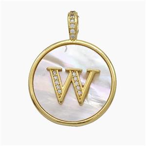 Copper Letter-W Pendant Pave Shell Zirconia Circle Gold Plated, approx 24mm