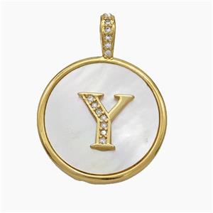 Copper Letter-Y Pendant Pave Shell Zirconia Circle Gold Plated, approx 24mm