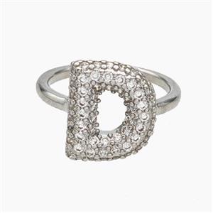 Copper Letter-D Rings Micropave Zirconia Platinum Plated, approx 9-14mm, 18mm dia