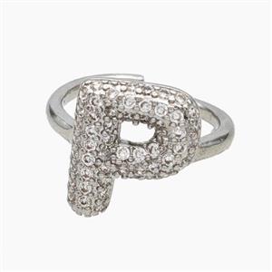 Copper Letter-P Rings Micropave Zirconia Platinum Plated, approx 9-14mm, 18mm dia