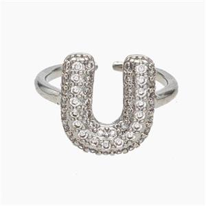 Copper Letter-U Rings Micropave Zirconia Platinum Plated, approx 9-14mm, 18mm dia