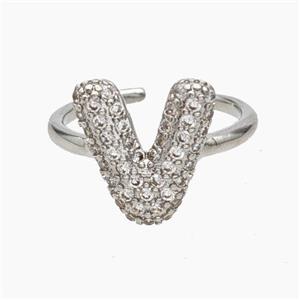 Copper Letter-V Rings Micropave Zirconia Platinum Plated, approx 9-14mm, 18mm dia