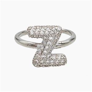 Copper Letter-Z Rings Micropave Zirconia Platinum Plated, approx 9-14mm, 18mm dia