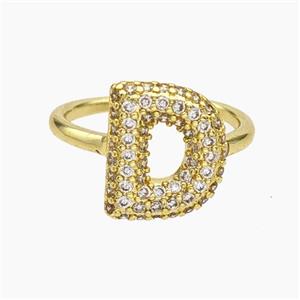 Copper Letter-D Rings Micropave Zirconia Gold Plated, approx 9-14mm, 18mm dia