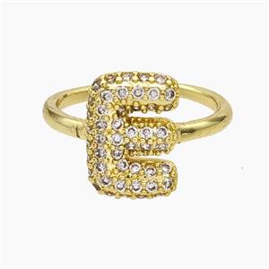 Copper Letter-E Rings Micropave Zirconia Gold Plated, approx 9-14mm, 18mm dia