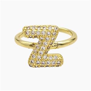 Copper Letter-Z Rings Micropave Zirconia Gold Plated, approx 9-14mm, 18mm dia