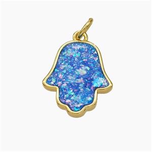 Copper Hamsahand Pendant Pave Blue Fire Opal 18K Gold Plated, approx 13.5-15.5mm