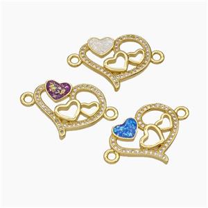 Copper Heart Connector Pave Zirconia Fire Opal 18K Gold Plated Mixed, approx 18-22mm