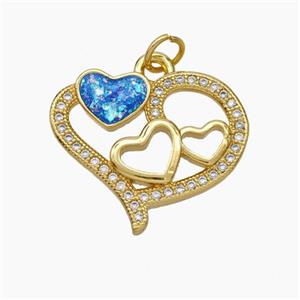 Copper Heart Pendant Pave Zirconia Blue Fire Opal 18K Gold Plated, approx 18-22mm