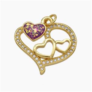 Copper Heart Pendant Pave Zirconia Red Fire Opal 18K Gold Plated, approx 18-22mm